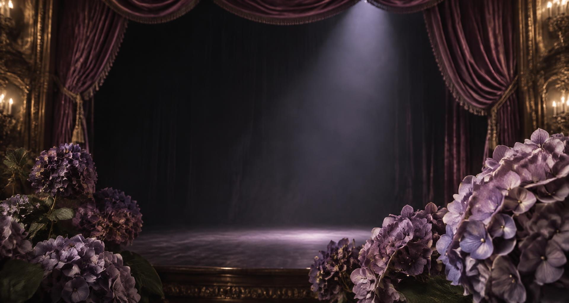 Hydrangeas frame a velvet-curtained theatre stage in a lavender spotlight